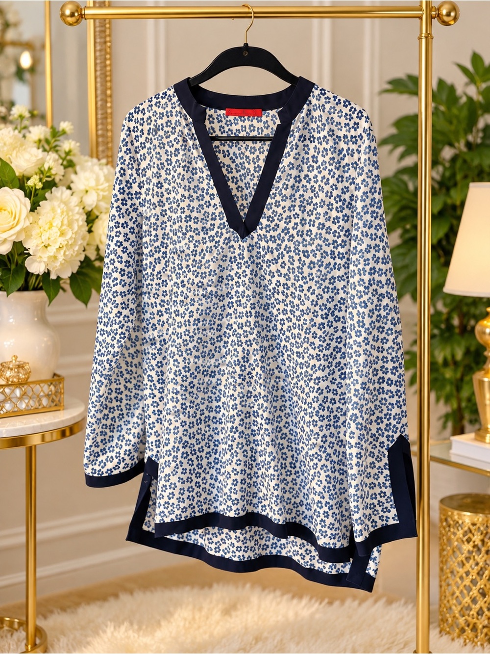 Carolina Herrera White Tunic with Navy Floral Print